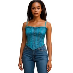 Frederick's of Hollywood Corset Womens Size 36 Teal Floral‎ Jacquard Boned Y2K